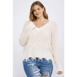186. Off White Light Knit Destroyed Hem V Neck Sweater